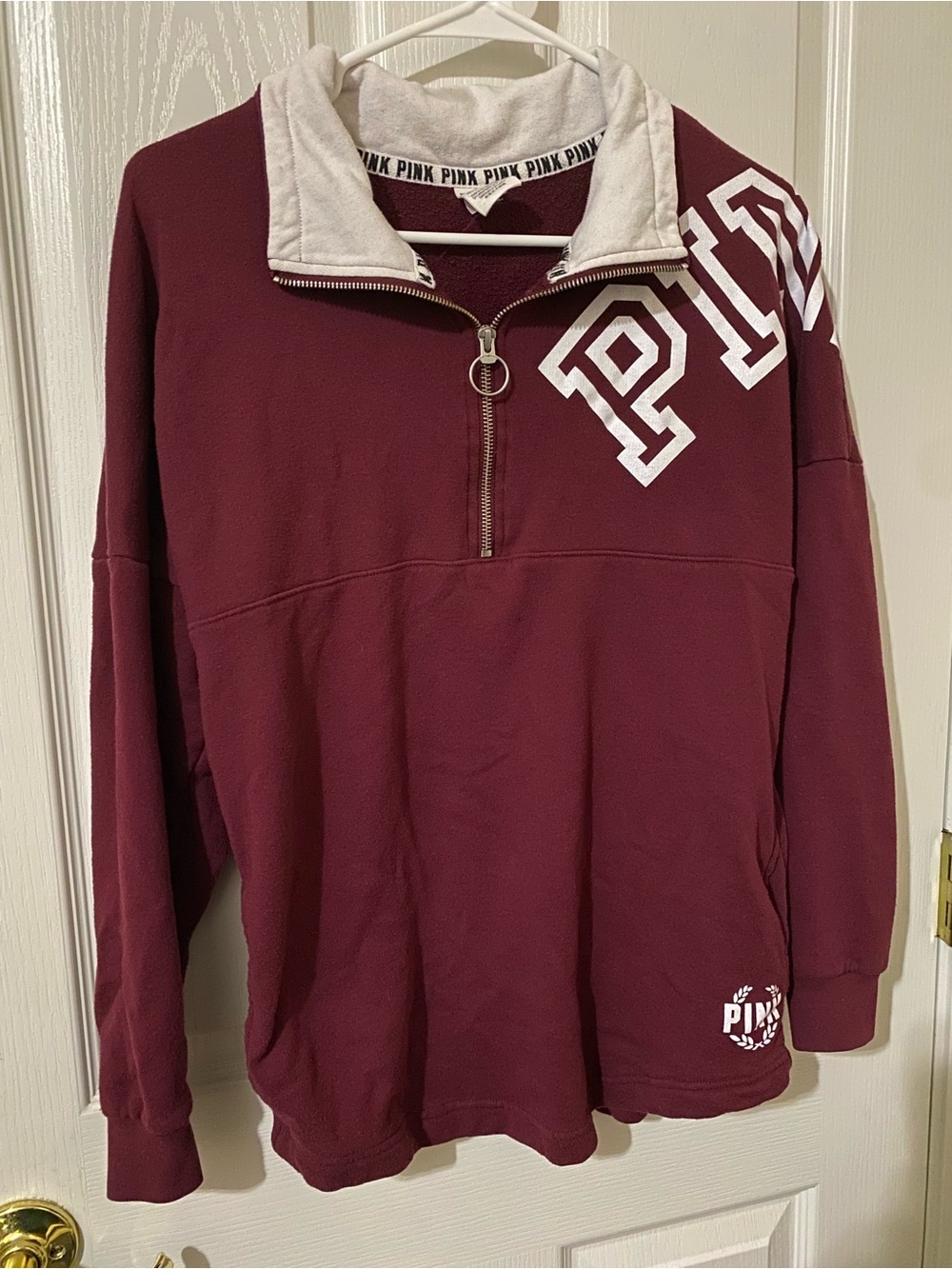 Victoria's Secret PINK Men's Maroon Half-Zip Sweater with White Accents